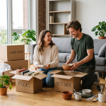 Zusammenziehen Platzmangel: Ein glückliches Paar packt gemeinsam Umzugskisten in einer hellen Wohnung aus